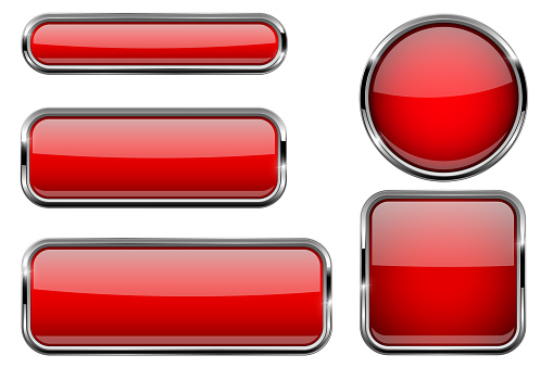 Red buttons set. Glass icons with metal frame. Vector 3d illustration isolated on white background