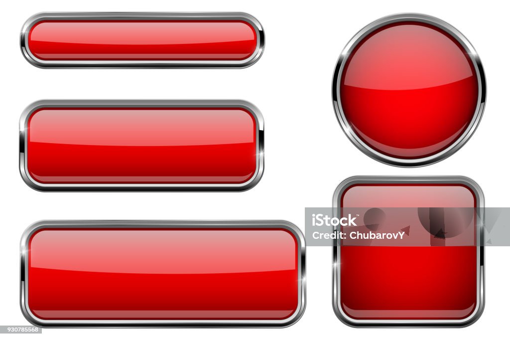 Red buttons set. Glass icons with metal frame Red buttons set. Glass icons with metal frame. Vector 3d illustration isolated on white background Push Button stock vector