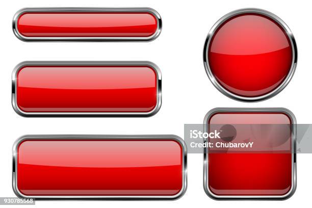 Red Buttons Set Glass Icons With Metal Frame Stock Illustration - Download Image Now - Push Button, Red, Three Dimensional