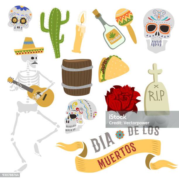 Dia De Los Muertos Mexica Dead Day Celebration Dead Skull Bones Man And Symbols Skull Catrina Party Culture Vintage Dead Day Symbols Traditional Festival Happy Mexican Carnival Illustration Stock Illustration - Download Image Now