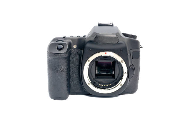 istock Large black color professional digital single-lens reflex camera DSRL body, slightly downward face, white background image 2 930789614