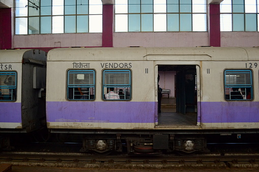 Suburban local train on the railway station in Chennai, Tamil Nadu, India