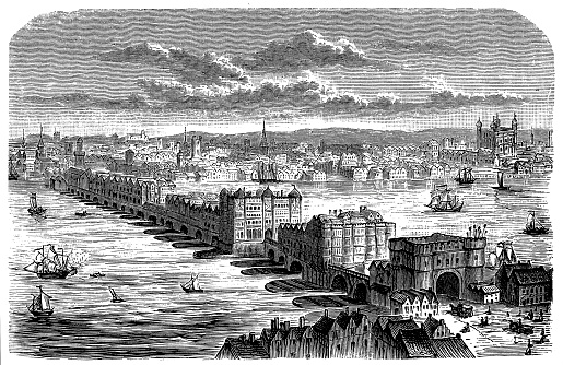 Illustration of the old London bridge at the time of Charles II