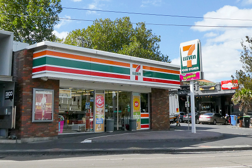 Melbourne, Australia: March 23, 2017: 7-Eleven convenience store in the Melbourne suburb of St Kilda. 7-Eleven is a Japanese-owned American international chain of convenience stores, headquartered in Irving, Texas, it has 64,319 stores in 18 countries as of January 2018