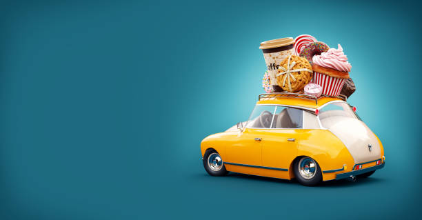 istock Cute fantastic chocolade car with sweets and coffee on top. 930809658