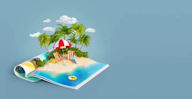 Deck chairs under the beach umbrella on a sand beach of beautiful island on opened pages of magazine in summer day. Unusual 3d illustration. Travel and vacation concept