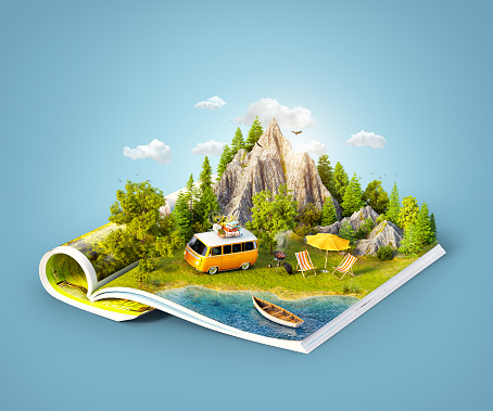 Mountain, forest, green meadow and car near a lake on opened pages of magazine. Unusual 3d illustration. Travel and camping concept. Family picnic
