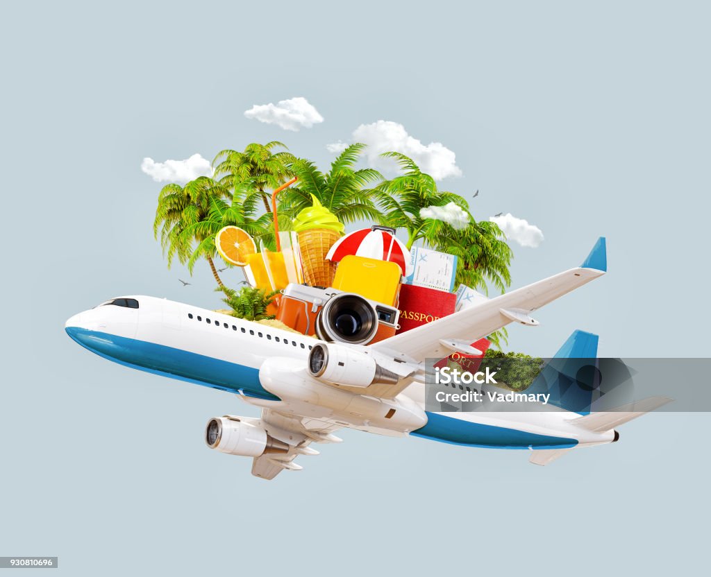 airplane and tropical palm on a paradise island Passenger airplane, tropical palm, luggage, passports and camera in the sky. Unusual travel 3d illustration. Summer vacation and air travel concept Airplane Stock Photo