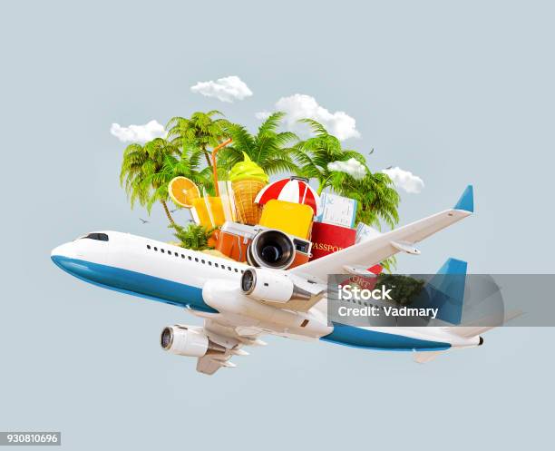 Airplane And Tropical Palm On A Paradise Island Stock Photo - Download Image Now - Airplane, Air Vehicle, Airport