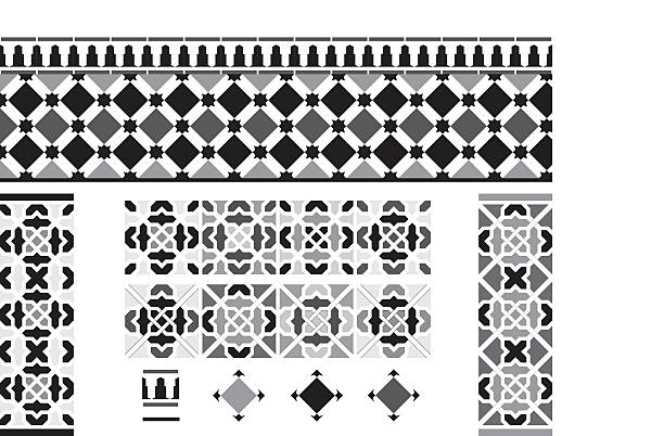 Black and white Andalusian Spanish, Moorish tiles Vector illustrations of various designs of black and white tiles inspired by the Spanish and Arabic style tiles in Andalucia.

All tiles repeat their pattern perfectly and all elements are made up of tints of one colour (black). Easily selectable  to change colors if desired.

[url=http://www.istockphoto.com/search/lightbox/13677304][img]http://i1290.photobucket.com/albums/b522/Theresita13/Banner_zps2da2424b.jpg[/img][/url] marrakech stock illustrations