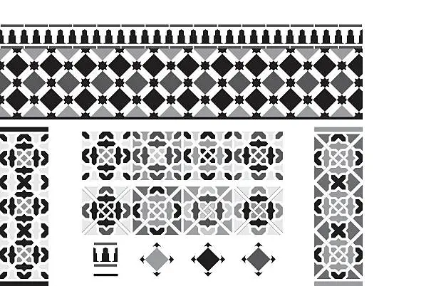 Vector illustration of Black and white Andalusian Spanish, Moorish tiles