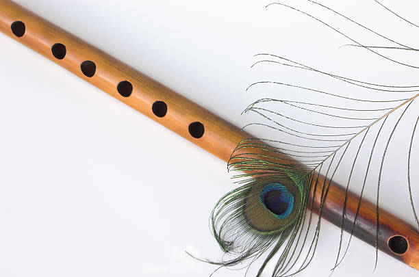 Asian bamboo flute with peacock feather on the side