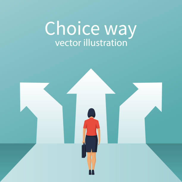 ilustraciones, imágenes clip art, dibujos animados e iconos de stock de empresaria está parado antes de elegir - aspirations choice choosing women