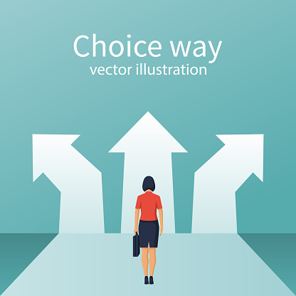 Businesswoman stands before choosing. Way forward concept. Choice way. Vector flat style design. Achieve goal. Crossroads arrows. Decide direction.