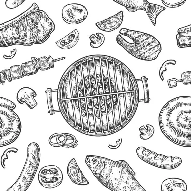 Vector illustration of Seamless pattern barbecue grill. Top view charcoal, sausage, fish, steak.