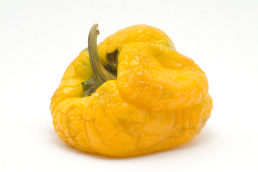 A very old and shriveled bell pepper.