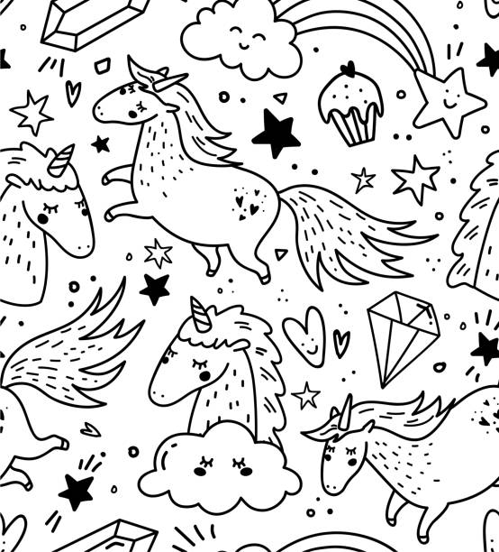 unicorn Black and white hand drawn seamless pattern with unicorns, rainbows confetti and other elements. Vector background doodle or cartoon style. black and white confetti stock illustrations