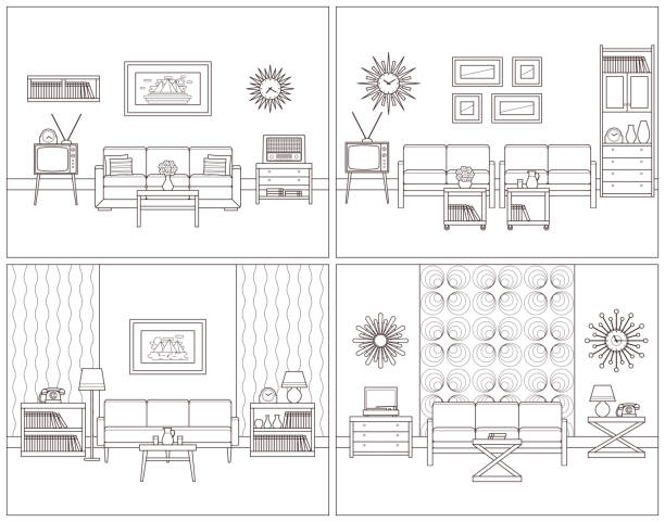 Set retro rooms interior in flat design. Linear vector illustration. Room retro interior. Vector. Living rooms in line art. Flat design furniture sofa, couch, armchair, TV, turntable, telephone, radio, clock. Outline sketch. Home illustration. Vintage linear background. lifestyle backgrounds audio stock illustrations