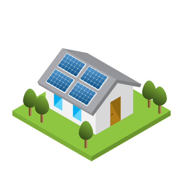 ilustrações de stock, clip art, desenhos animados e ícones de simple isometric house with solar roof panels - solar panels house