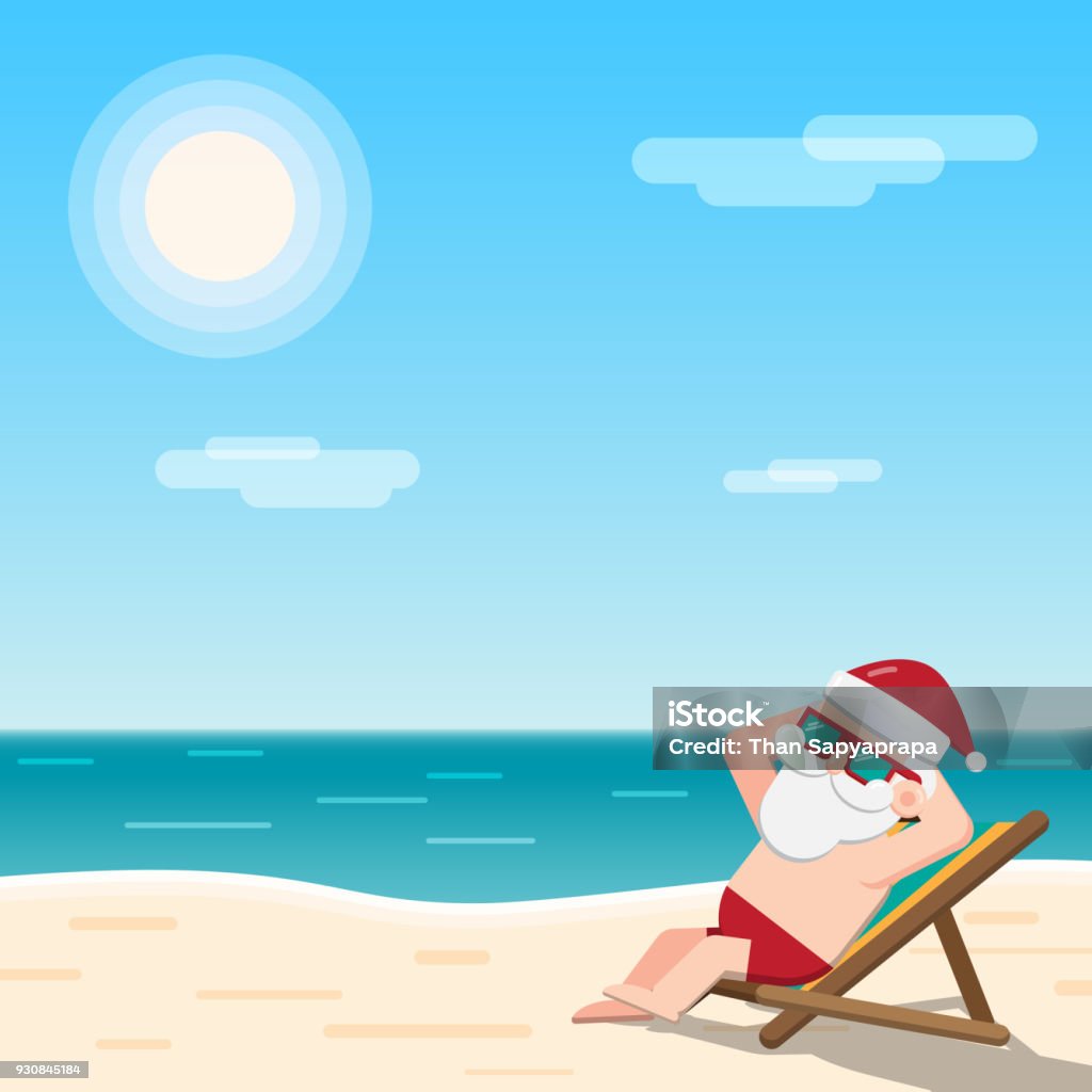 Christmas in July theme Christmas in July theme, Santa Claus wearing sunglasses sits sunbathing on a beach chair at the seaside with sea sun and sky as background, Vector illustration Santa Claus stock vector