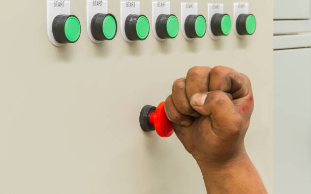 istock Dirty fist smash touch on red emergency stop switch. 930845378