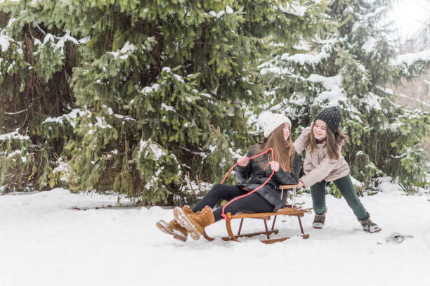 istock Sister twins having fun on snow 930848202