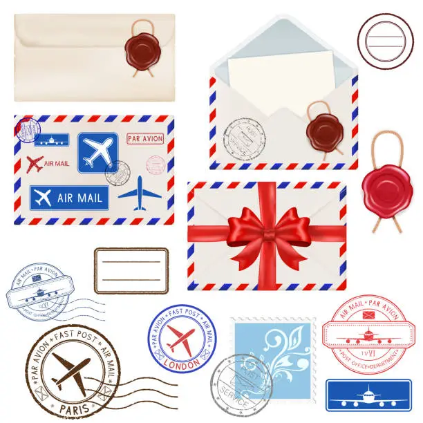 Vector illustration of Collection of postal elements - envelopes, postmarks, stamps, sealing wax