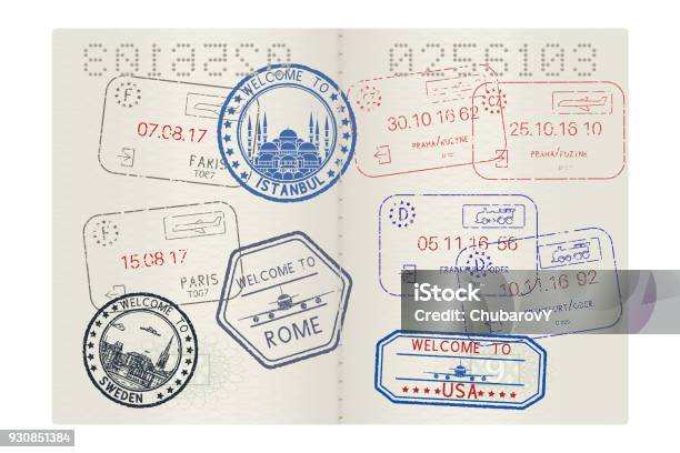 Passport Pages With Tourist International Stamps Stock Illustration - Download Image Now - Passport, Rubber Stamp, Postage Stamp