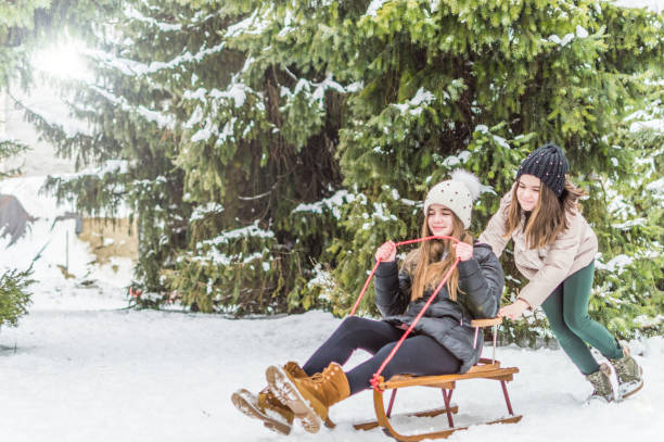 istock Sister twins having fun on snow 930857420