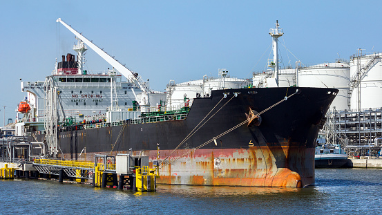 Oil tanker moored at an oil terminal in the Port of Antwerp.