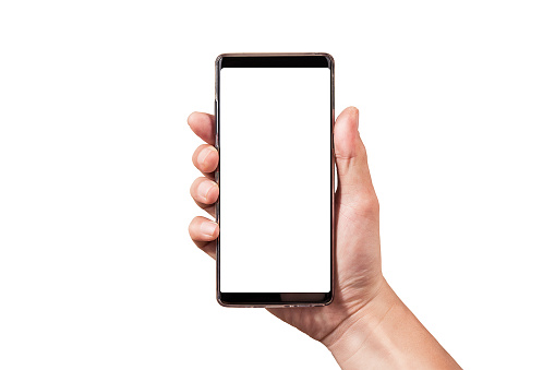 explotación smartphone negro aislado en el trazado de recorte blanco dentro de la mano del hombre photo