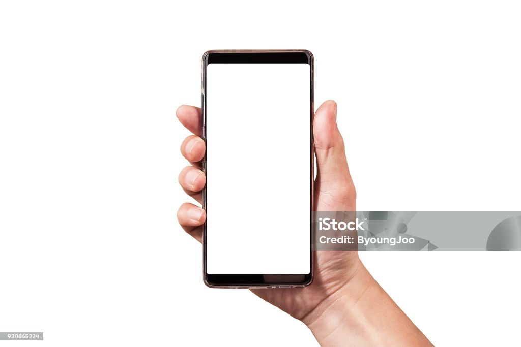 man hand holding black smartphone isolated on white clipping path inside Hand Stock Photo