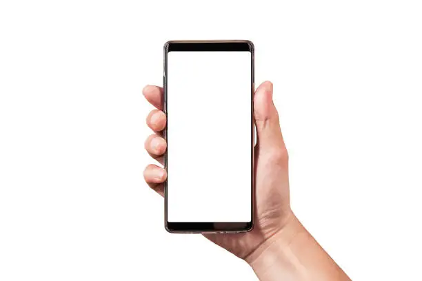 man hand holding black smartphone isolated on white clipping path inside