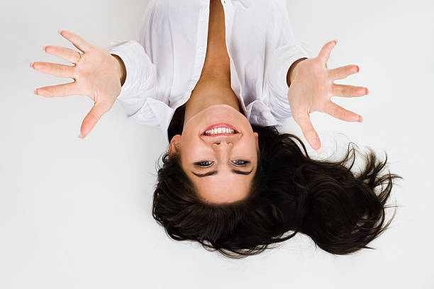 istock Woman smile and stretch out hands - top view 93086608