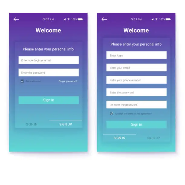 Vector illustration of UI design, account authorization or register, interface for touchscreen mobile apps. Entrance via login, password. Registration with personal data. UX Screen with digital lock on login page