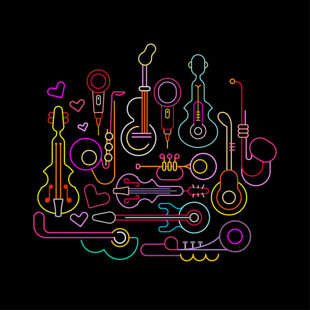 instrumenty muzyczne neon design - microphone the media black background performing arts event stock illustrations