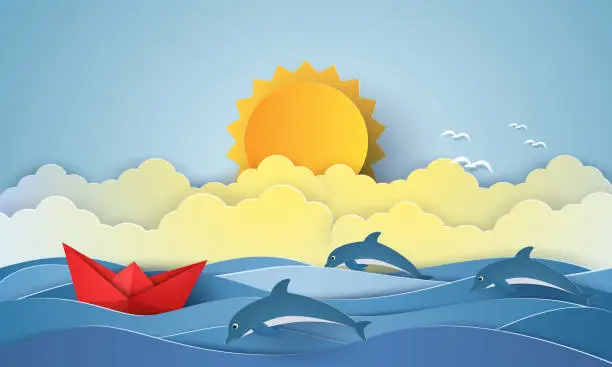 Vector illustration of Sea with origami boat and dolphins and sun , paper art style