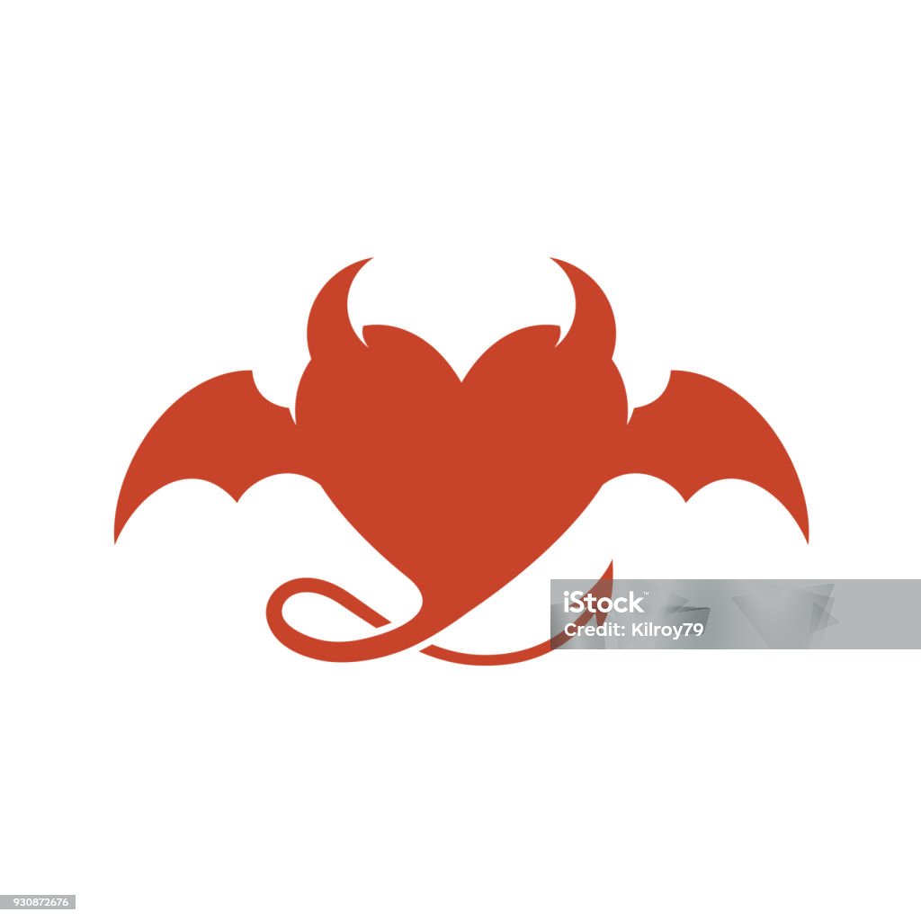 Devil heart symbol with wings and horns. Devil heart symbol. Red heart silhouette with evil wings, horn and sharp tail with arrowhead. Strange love elegant symbol. Devil stock vector