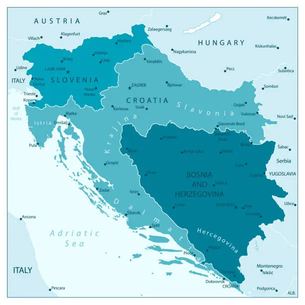 Vector illustration of Map of the Western Balkans Aqua Blue Colors