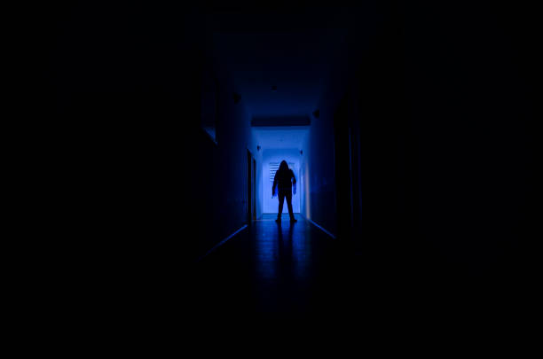 istock Dark corridor with cabinet doors and lights with silhouette of spooky horror man standing with different poses. 930879280
