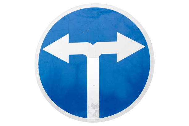 'Mandatory turn left and right ahead' round blue road sign isolated on white.