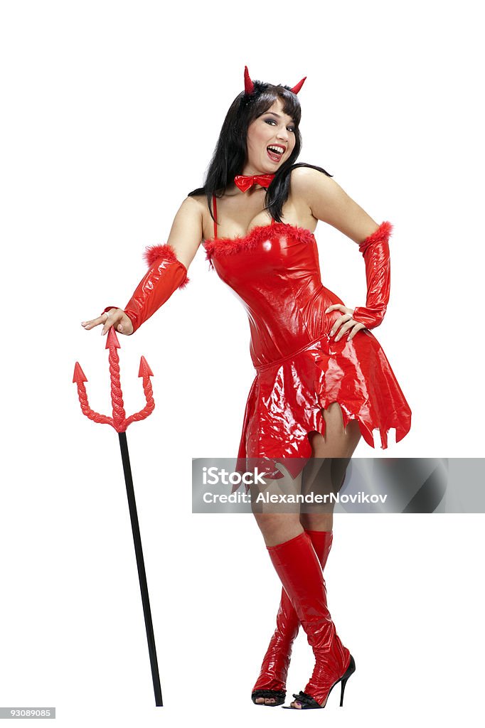 Rouge femme debout Sexy Diable avec Trident. - Photo de Adulte libre de droits