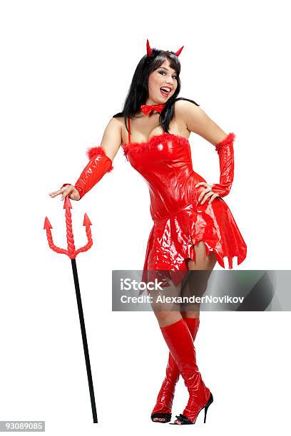 Photo libre de droit de Rouge Femme Debout Sexy Diable Avec Trident banque d'images et plus d'images libres de droit de Adulte - Adulte, Art du portrait, Beauté