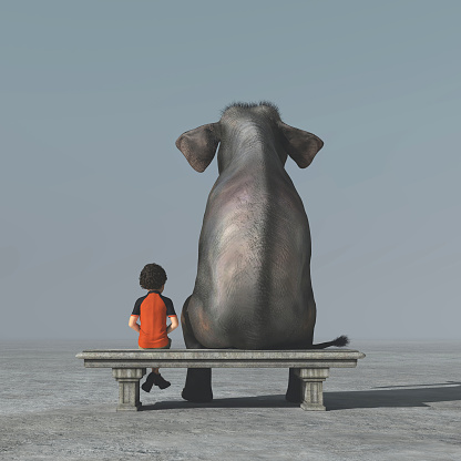 Little boy and an elephant sits on a bank and look to the horizon together. This is a 3d render illustration