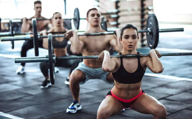 Group of sporty muscular people are working out in gym. gym training. Handsome shirtless men and attractive women are doing exercises with barbells. Weightlifting.