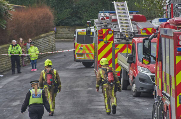 Fire Crews and Police Attend Fire stock photo
