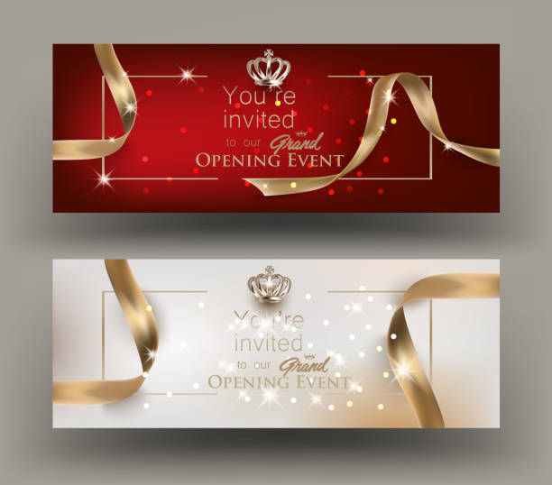 Grand opening invitation cards with gold frame and ribbons. Vector illustration Grand opening invitation cards with gold frame and ribbons. Vector illustration opening event stock illustrations