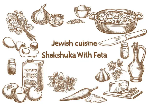 Vector illustration of Jewish cuisine. Shakshuka with feta ingredients. Vector sketch.
