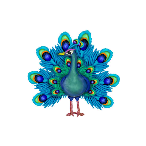 Plasticine peacock bird  cartoon character  sculpture 3D rendering isolated on white background