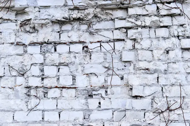 Photo of Part of the wall of white brick with pieces of rebar of an old building for demolition. Black and white image.